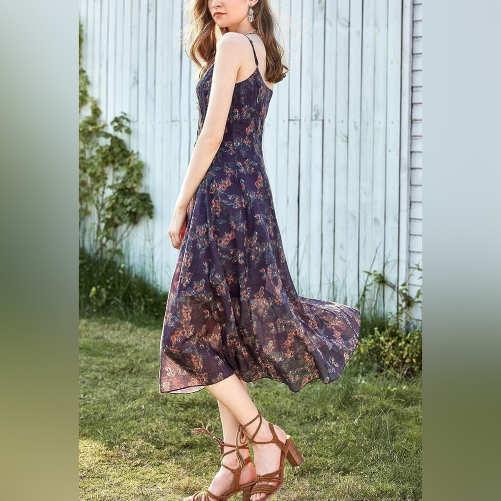 NWT - Women's Boho Floral Spaghetti Strap Maxi Dress - Dark Purple - Picture 4 of 5